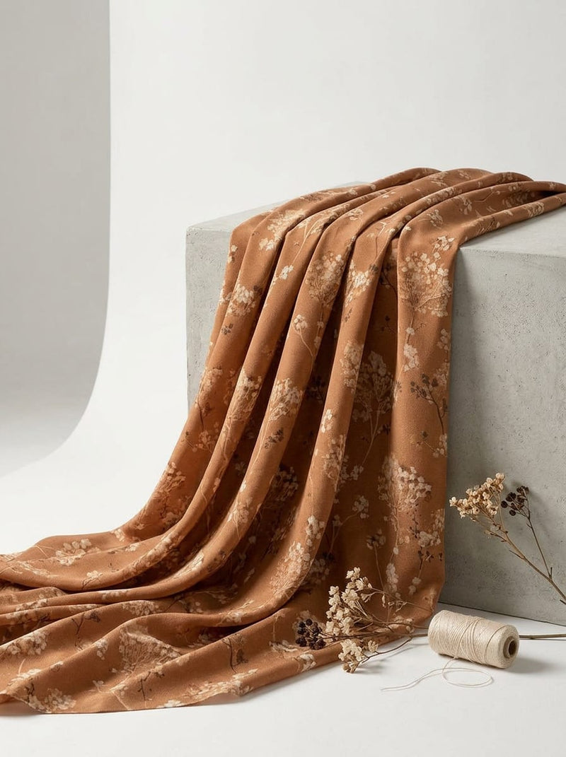 Brown Dainty Botanical Wildflower Kora Silk Digital Printed Fabric