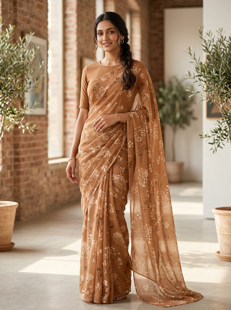 Brown Dainty Gypsophila Floral Pure Chiffon Digital Printed Fabric