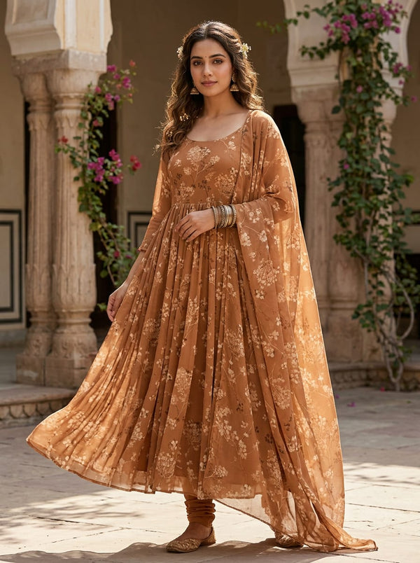 Brown Dainty Gypsophila Floral Pure Chiffon Digital Printed Fabric - Anarkali Kurta Set Lookbook - PCH-0-TA0845-96 - alternate view