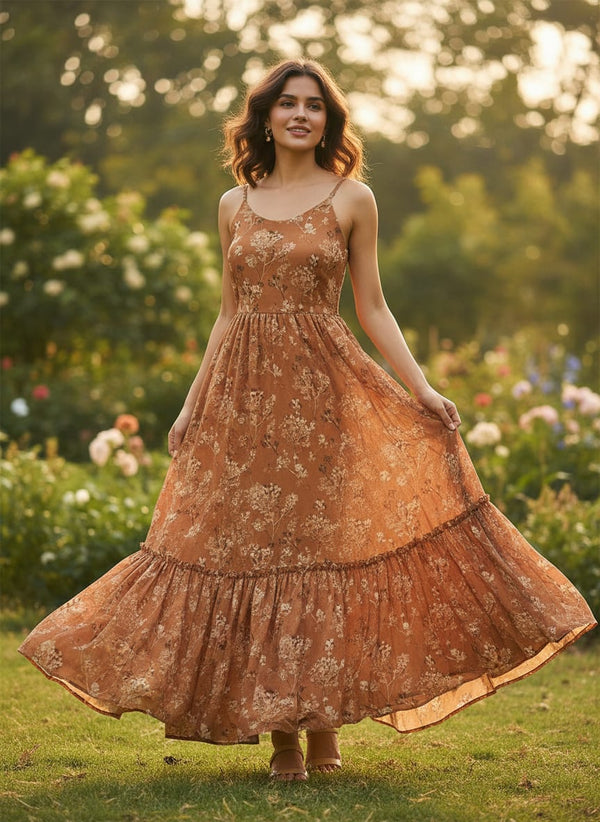 Brown Brush Painted Flower Digital Printed Fabric - Flowy Maxi Dress Lookbook - PC-0-TA0845-106 - alternate view