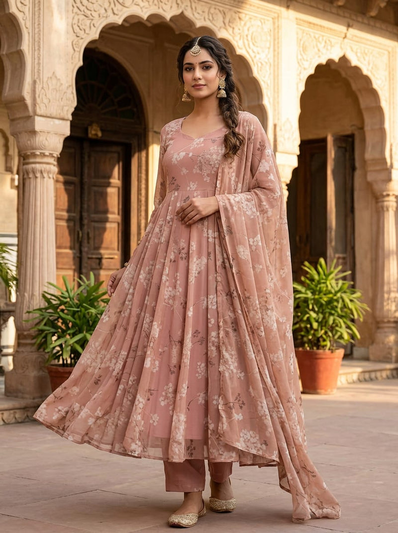 Peach Dainty Floral Blossom Pure Georgette Digital Printed Fabric