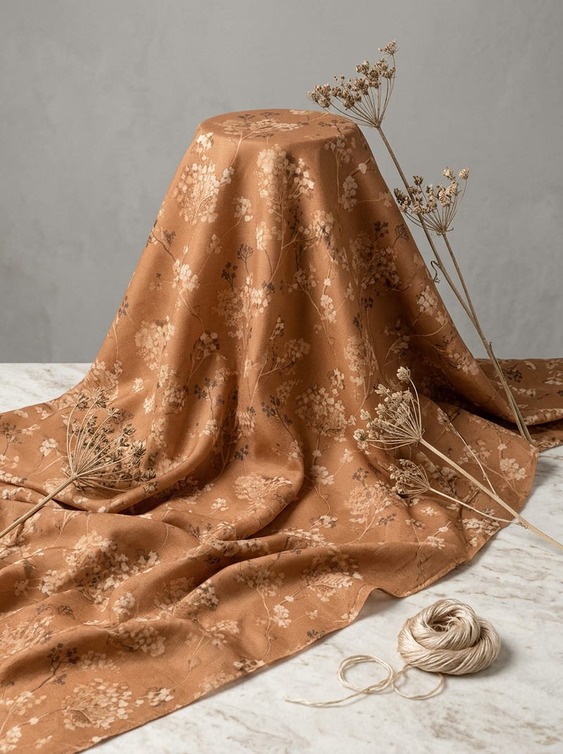Brown Dainty Floral Sprigs Tusser Silk Digital Printed Fabric