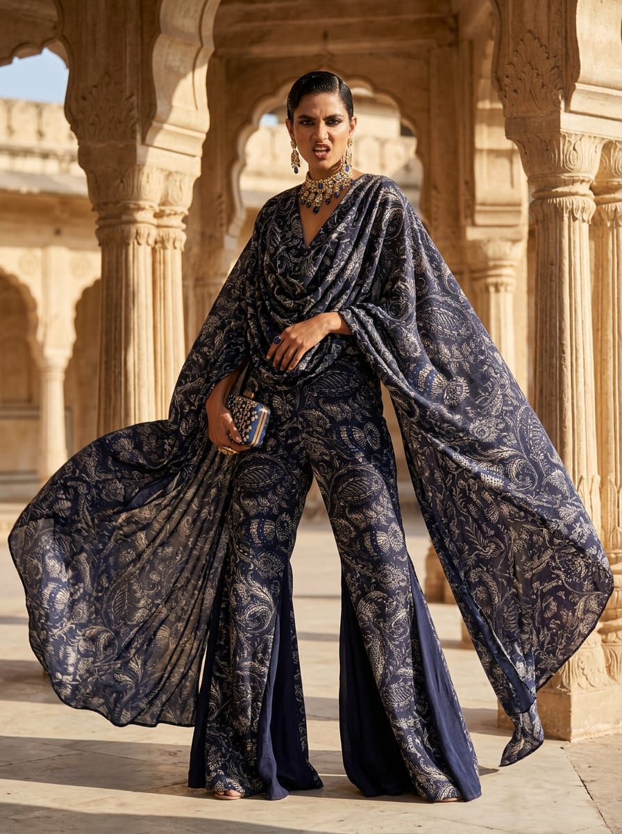 Black Intricate Ethnic Paisley Silk Crepe Digital Printed Fabric
