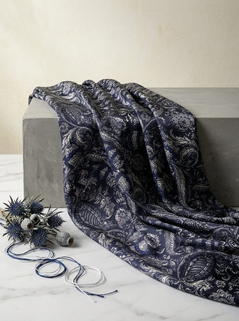 Navy Intricate Ethnic Paisley Japan Satin Digital Printed Fabric