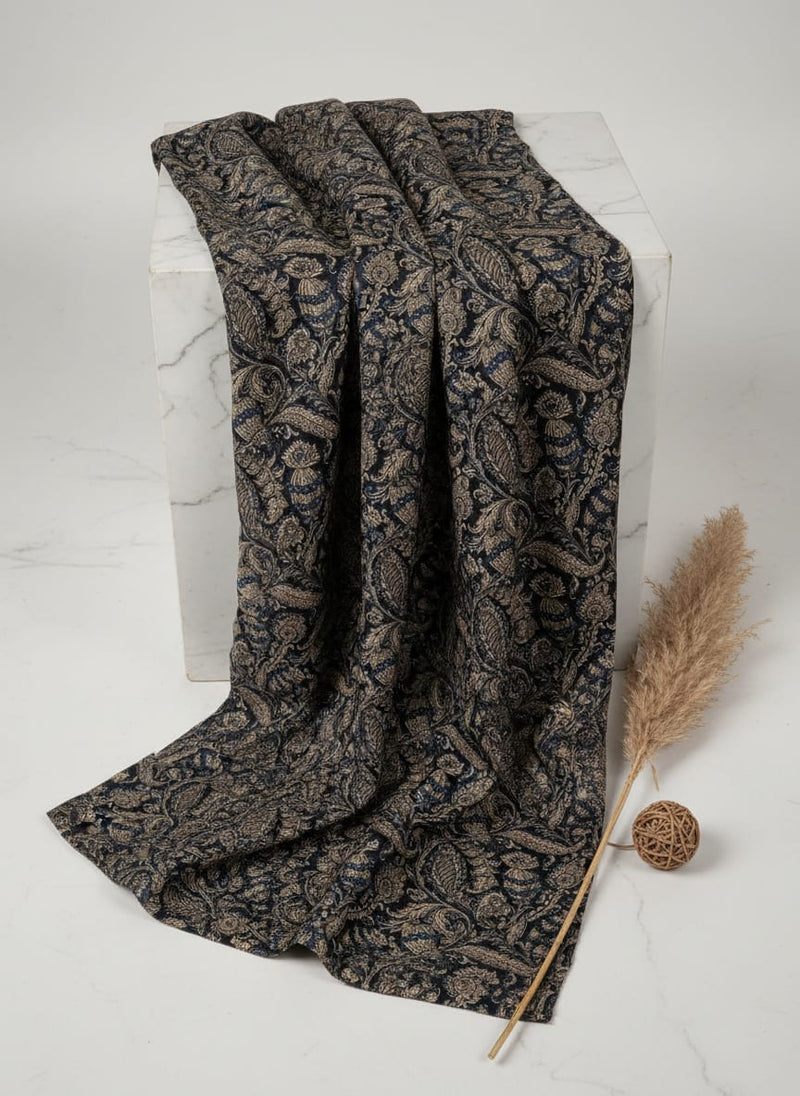 Black Royal Paisley and Botanical Print Kora Silk Digital Printed Fabric