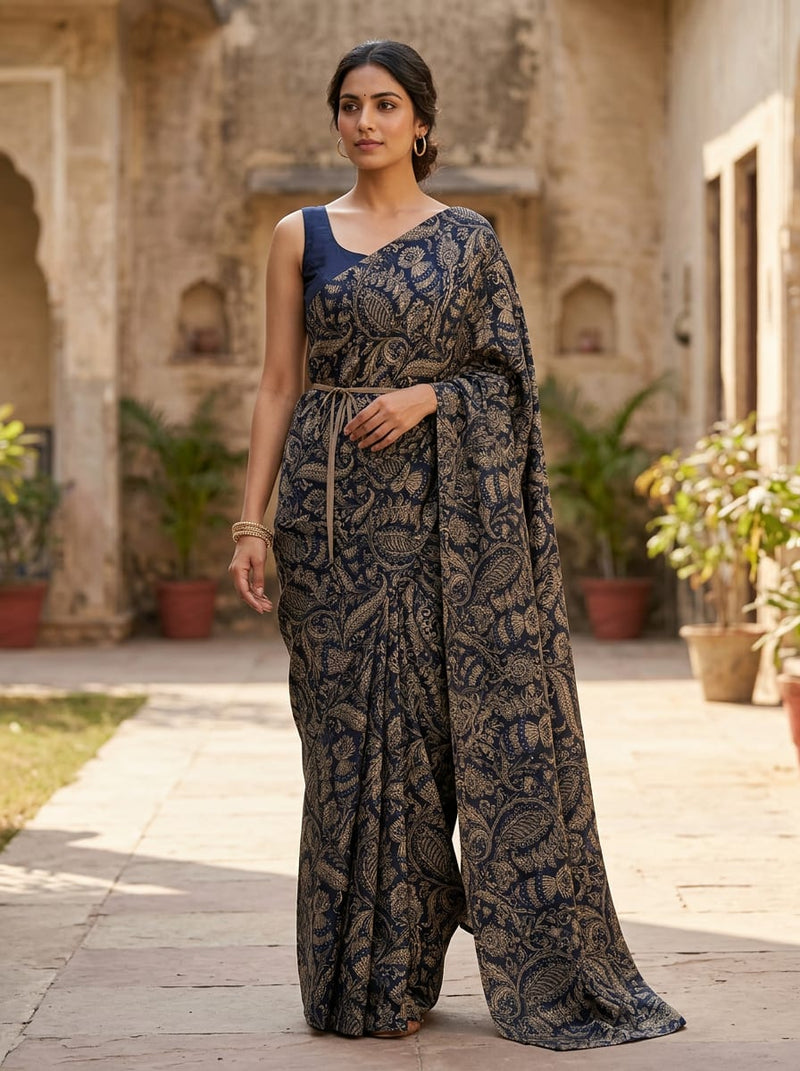 Black Royal Paisley and Botanical Print Kora Silk Digital Printed Fabric