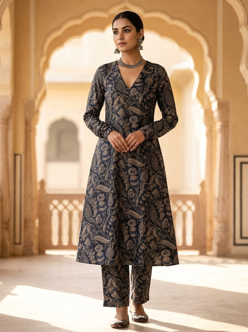 Black Royal Paisley and Botanical Print Kora Silk Digital Printed Fabric