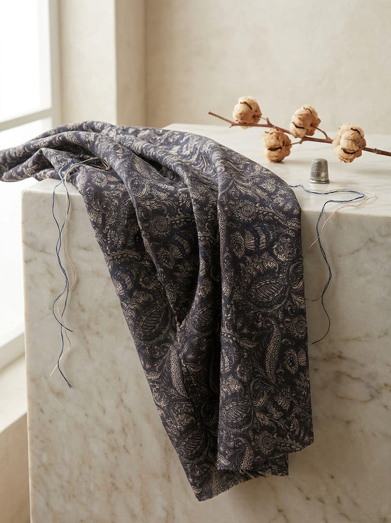 Grey Ethnic Paisley and Botanical Print Muslin Digital Printed Fabric