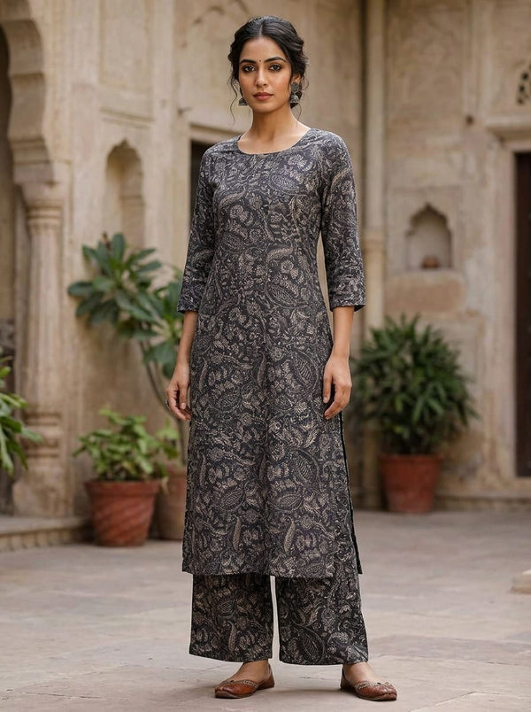 Grey Ethnic Paisley and Botanical Print Muslin Digital Printed Fabric - Straight Kurta with Palazzo Lookbook - MU-0-MA06308-110 - alternate view