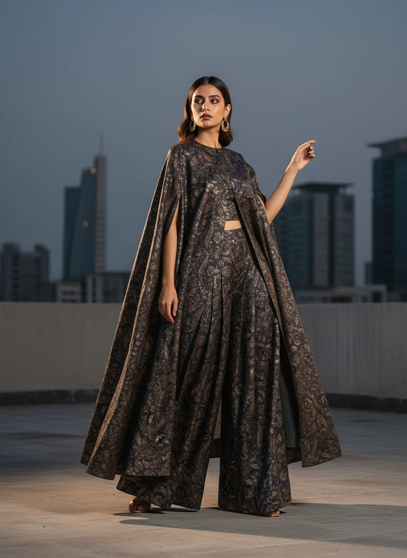 Black and Brown Royal Paisley Tusser Silk Digital Printed Fabric