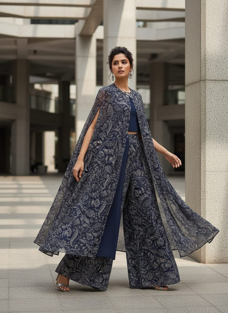 Navy Intricate Ethnic Paisley Weightless Digital Printed Fabric