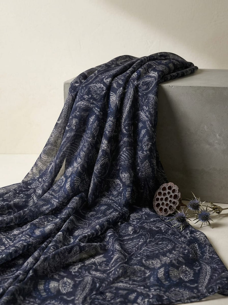 Navy Intricate Ethnic Paisley Weightless Digital Printed Fabric