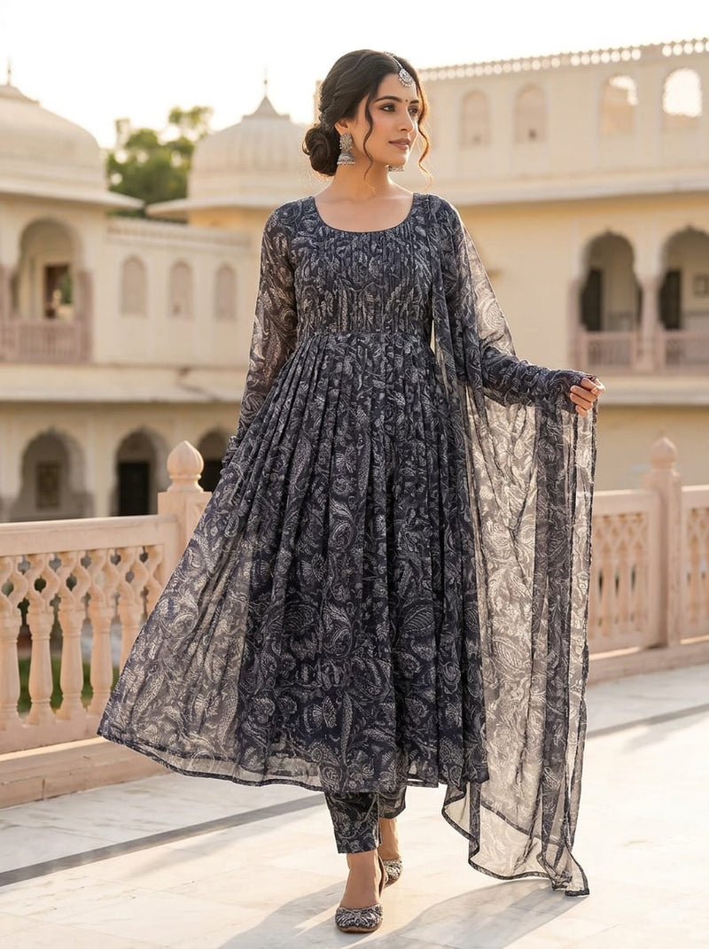 Navy Intricate Ethnic Paisley Weightless Digital Printed Fabric