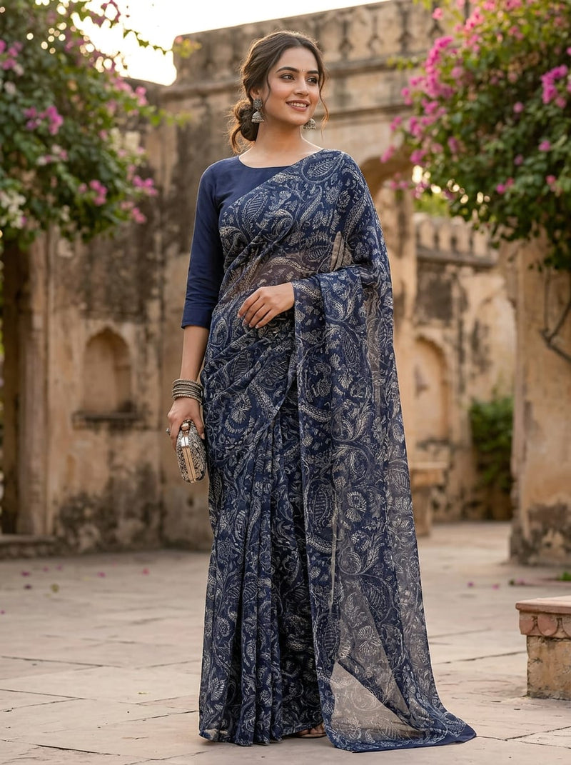 Navy Intricate Ethnic Paisley Weightless Digital Printed Fabric