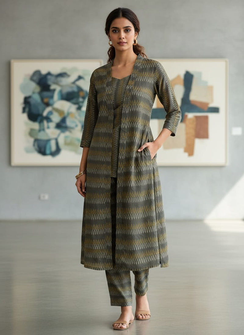 Grey Ethnic Ikat Style Zigzag Stripes Kora Silk Digital Printed Fabric