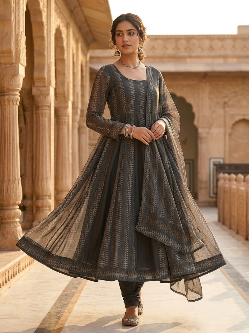 Grey Ethnic Ikat Style Zigzag Stripes Pure Georgette Digital Printed Fabric