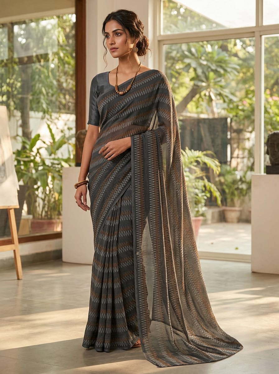 Grey Ethnic Ikat Style Zigzag Stripes Pure Georgette Digital Printed Fabric