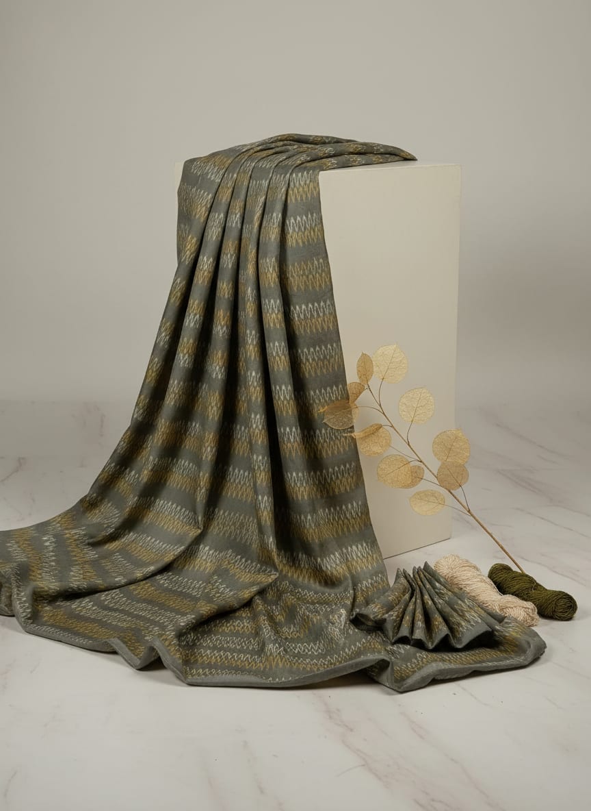 Grey Ethnic Ikat Chevron Stripes Tusser Silk Digital Printed Fabric