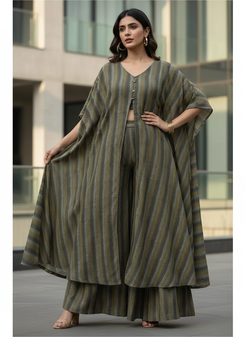 Grey Ethnic Ikat Chevron Stripes Tusser Silk Digital Printed Fabric