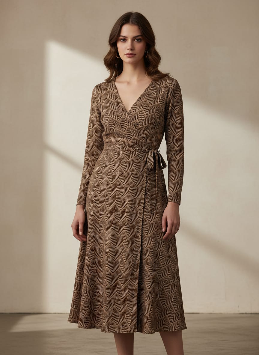 Brown Tonal Chevron Pattern Silk Crepe Digital Printed Fabric