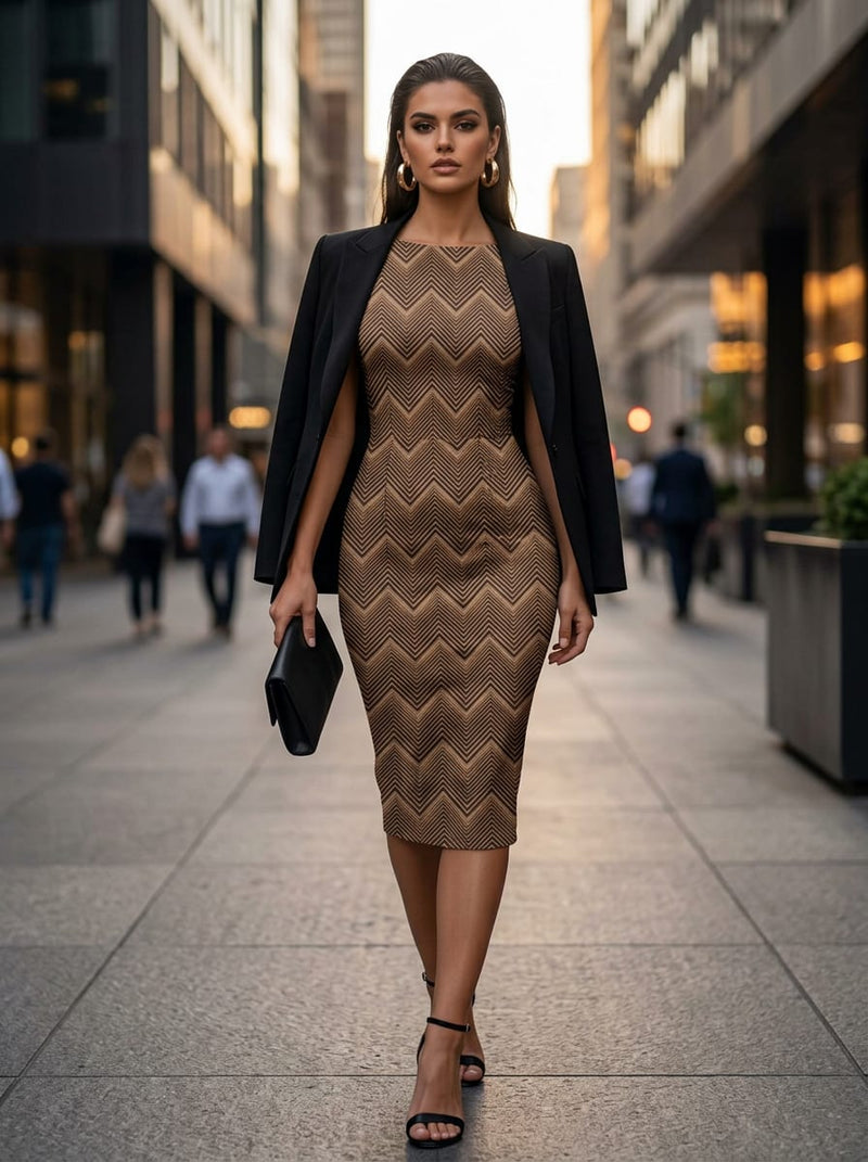 Brown Tonal Chevron Pattern Silk Crepe Digital Printed Fabric