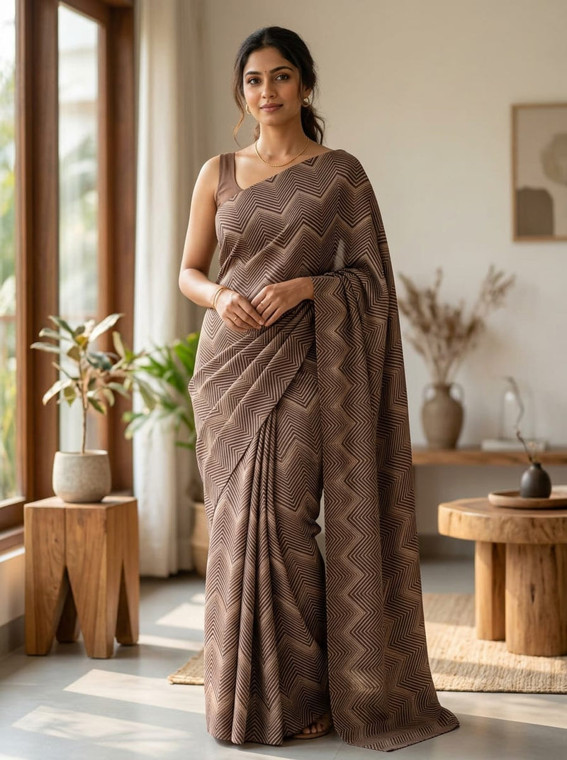 Brown Tonal Chevron Pattern Silk Crepe Digital Printed Fabric