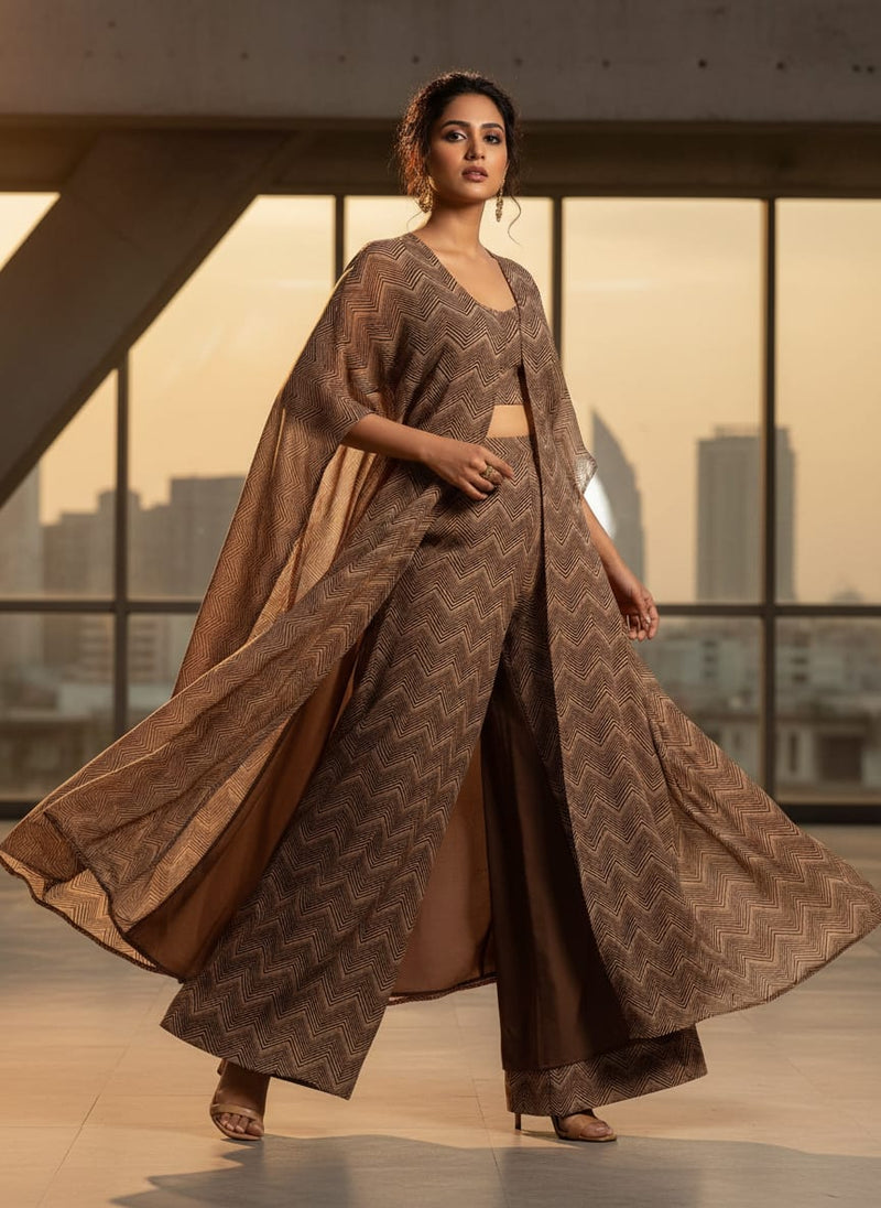 Brown Tonal Chevron Stripe Pattern Pure Chiffon Digital Printed Fabric
