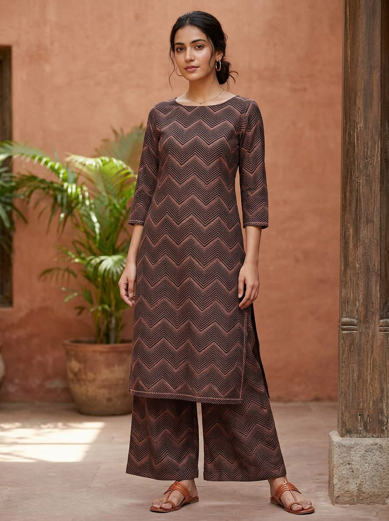 Brown Geometric Chevron Lines Pure Cotton Digital Printed Fabric