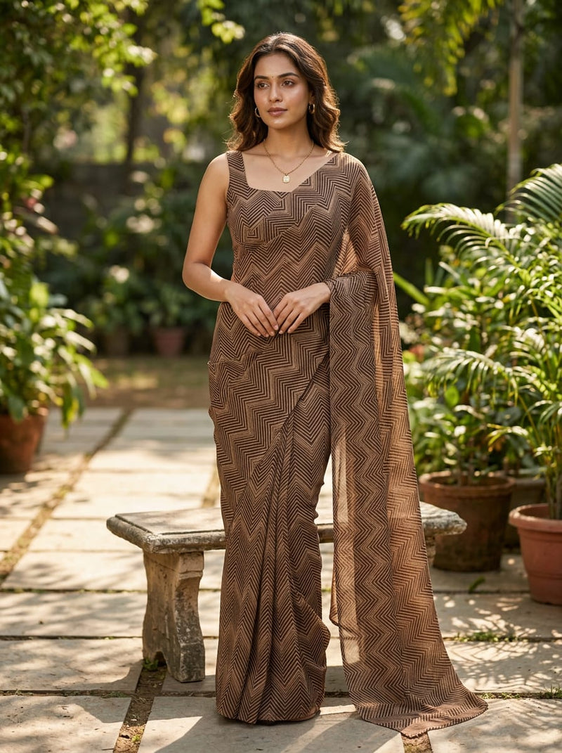 Brown Geometric Chevron Stripe Pure Georgette Digital Printed Fabric