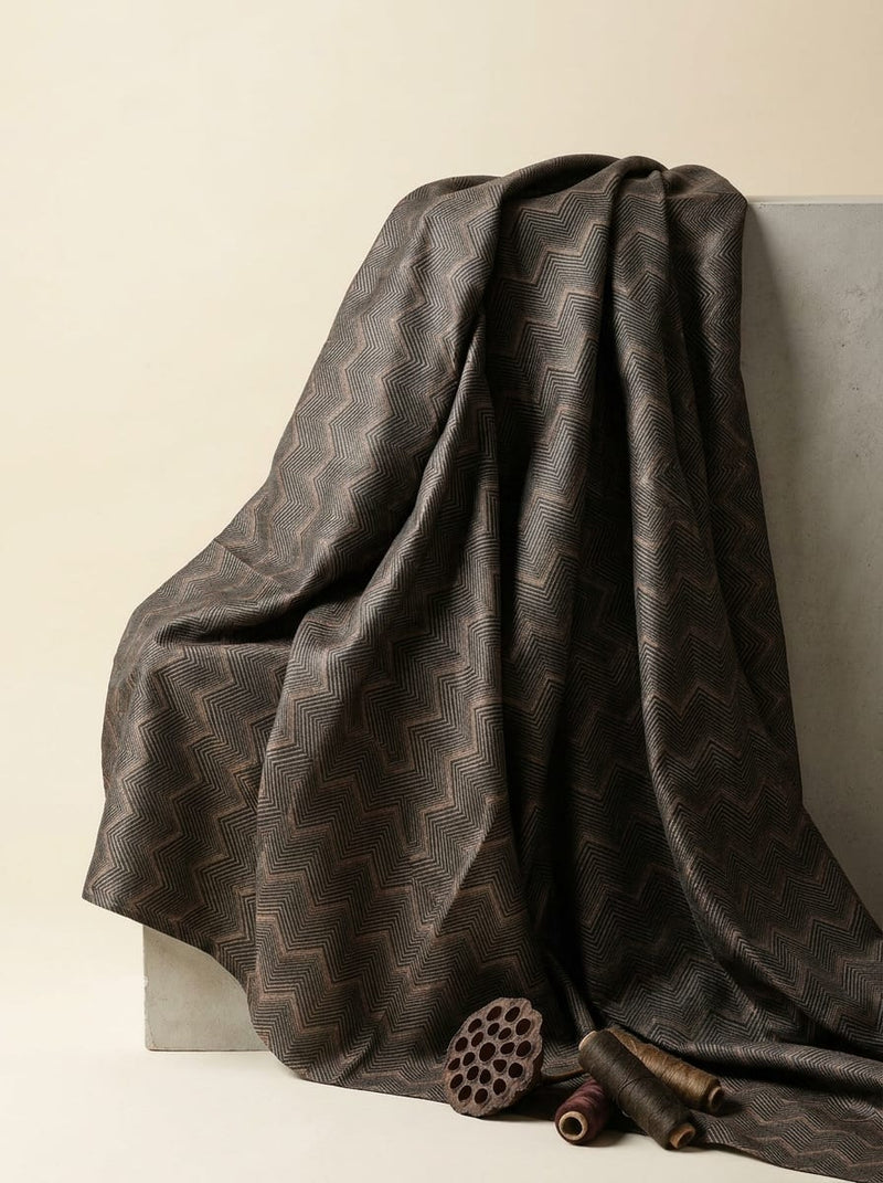 Brown Ethnic Chevron Pattern Tusser Silk Digital Printed Fabric