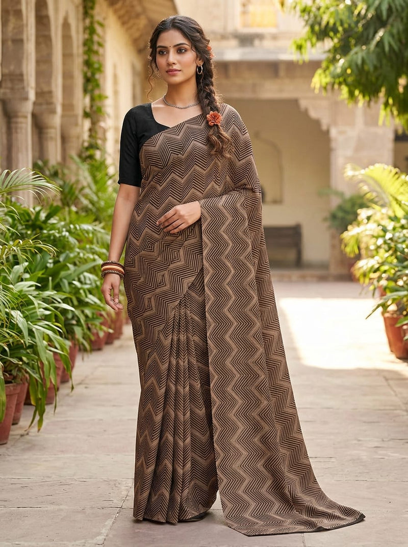 Brown Geometric Chevron Stripe Pattern Weightless Digital Printed Fabric