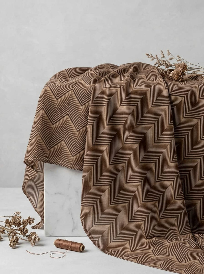 Brown Geometric Chevron Stripe Pattern Weightless Digital Printed Fabric