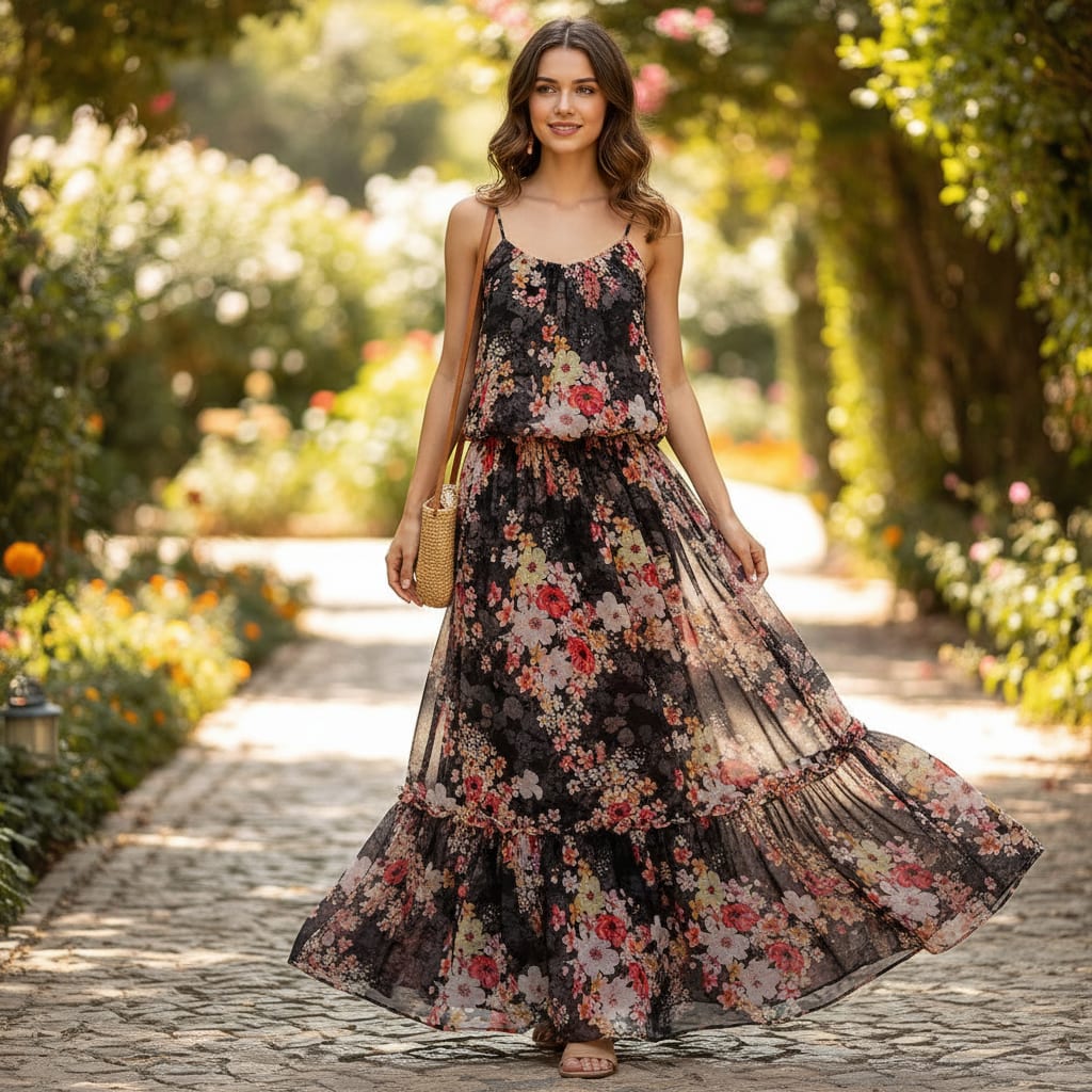 Colorful Floral Black Base Digital Printed Fabric