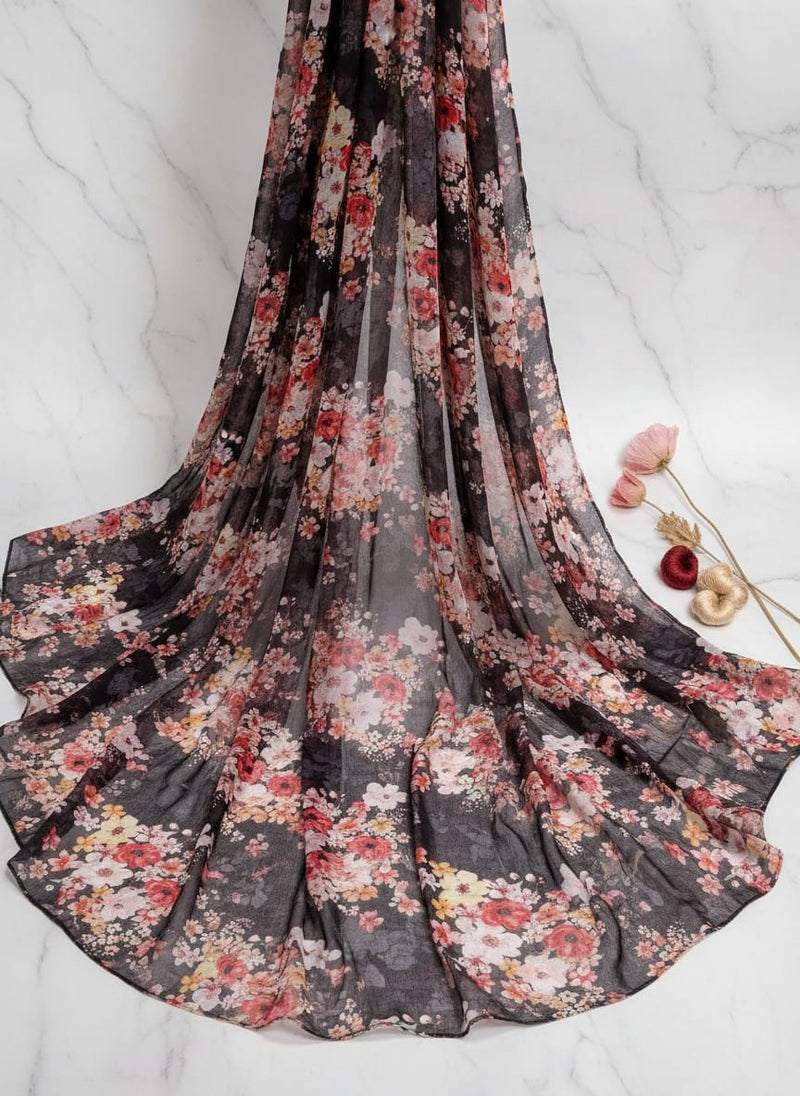 Colorful Floral Black Base Digital Printed Fabric