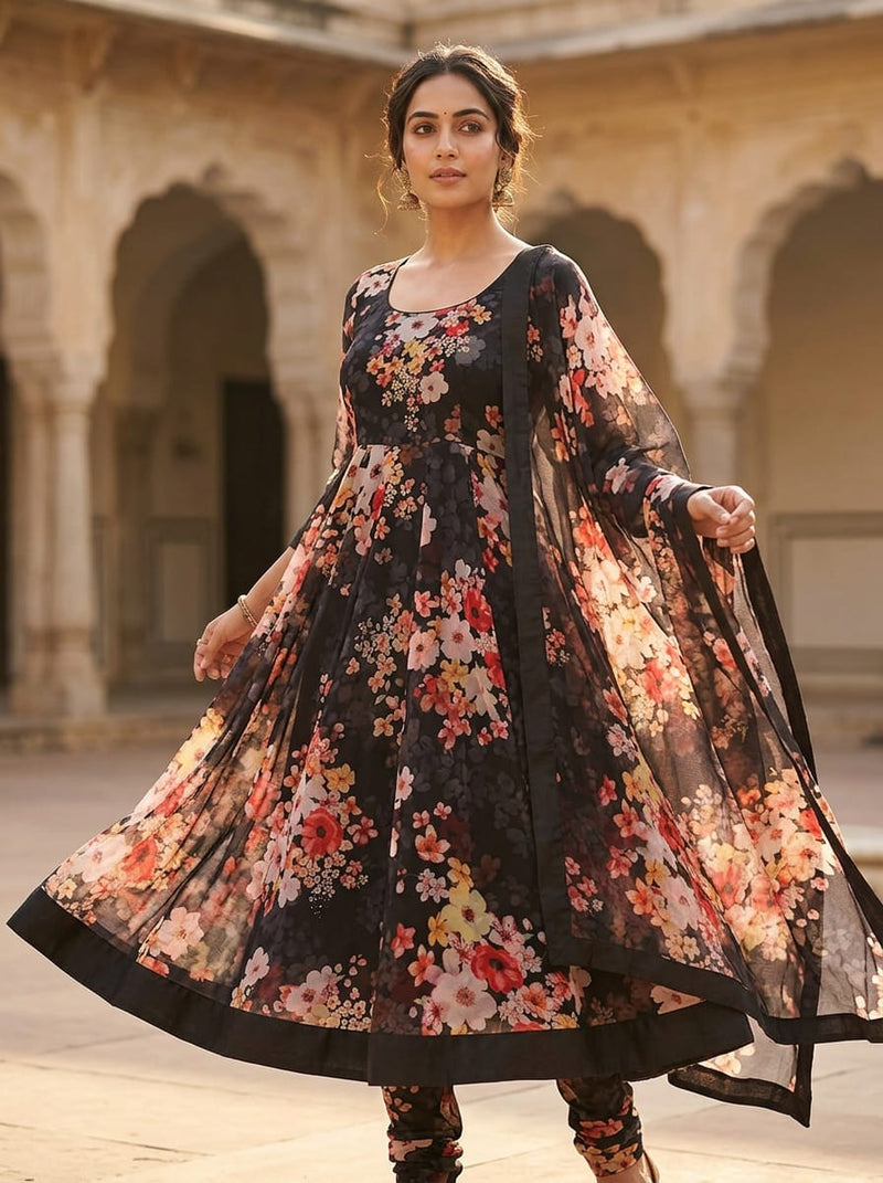 Multicolor Watercolor Floral Bouquet Pure Chiffon Digital Printed Fabric