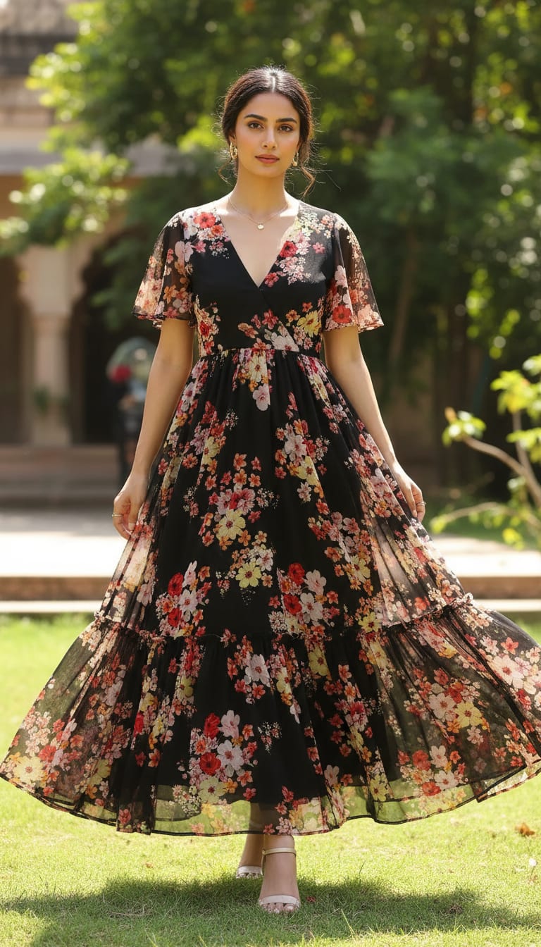 Colorful Floral Black Base Digital Printed Fabric