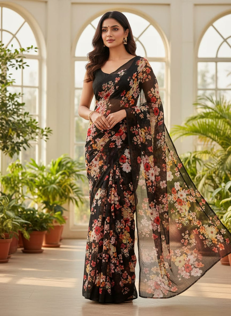 Colorful Floral Black Base Digital Printed Fabric