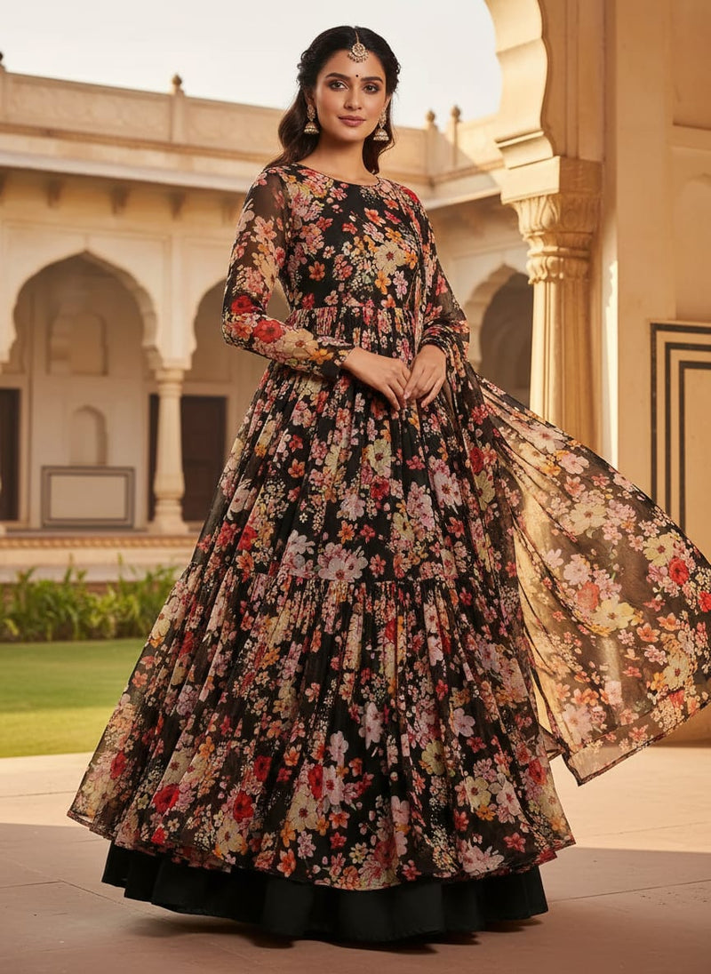 Colorful Floral Black Base Digital Printed Fabric