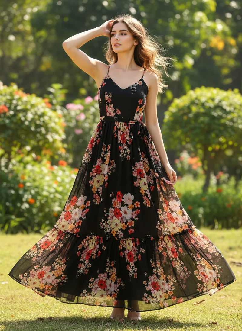 Colorful Floral Black Base Digital Printed Fabric