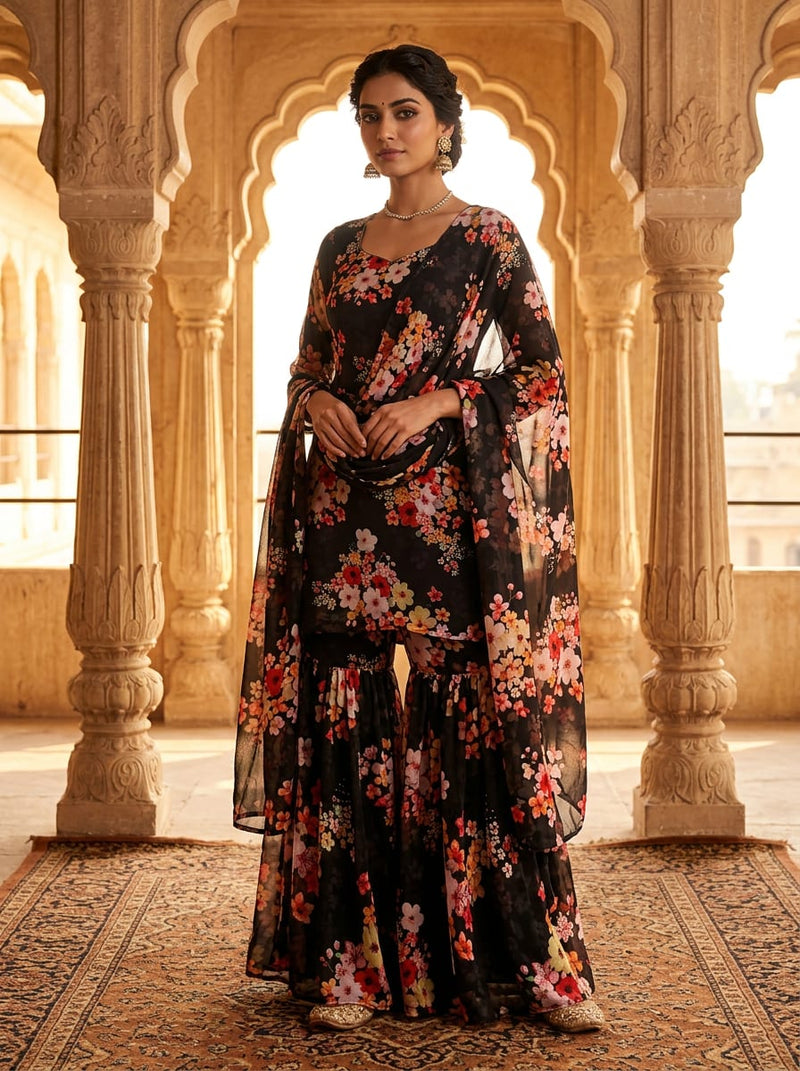 Black Painterly Floral Clusters Pure Georgette Digital Printed Fabric