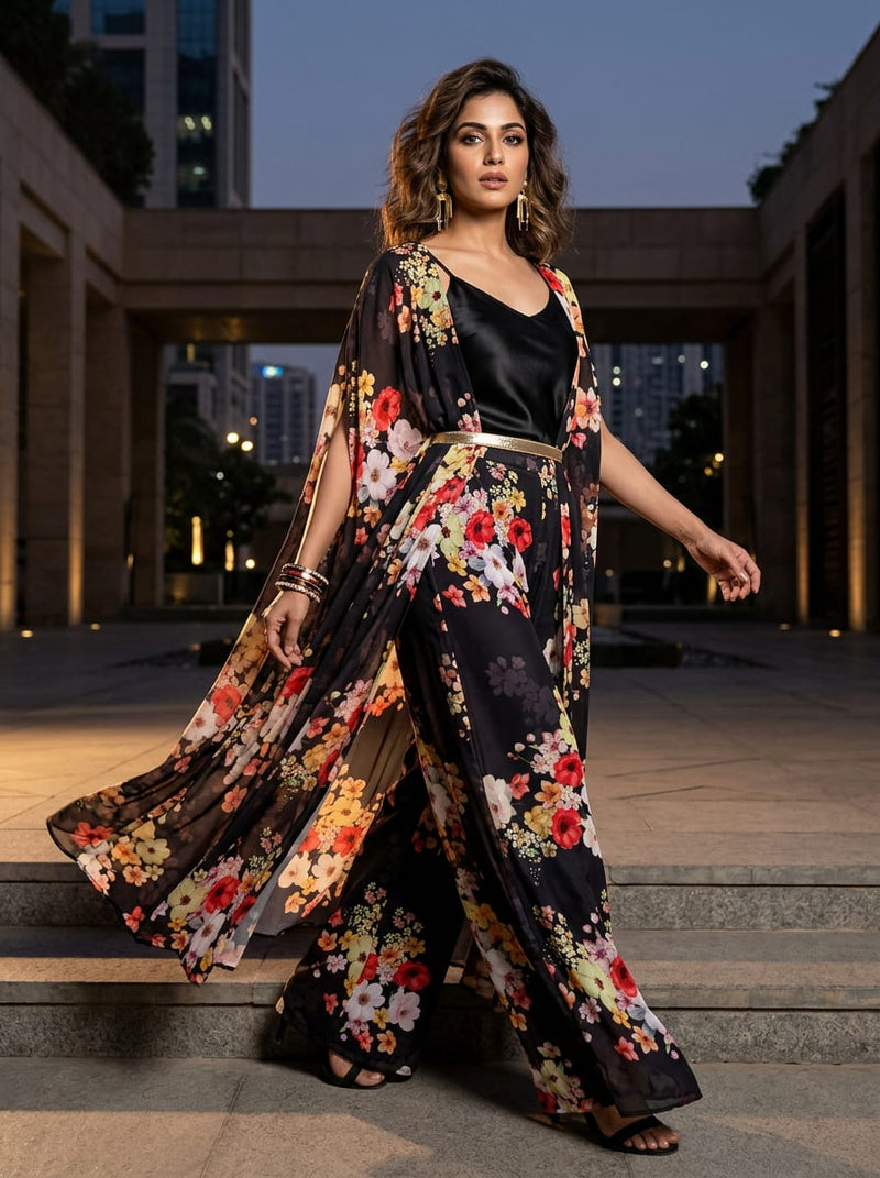 Multicolor Vibrant Floral Cascade Weightless Digital Printed Fabric