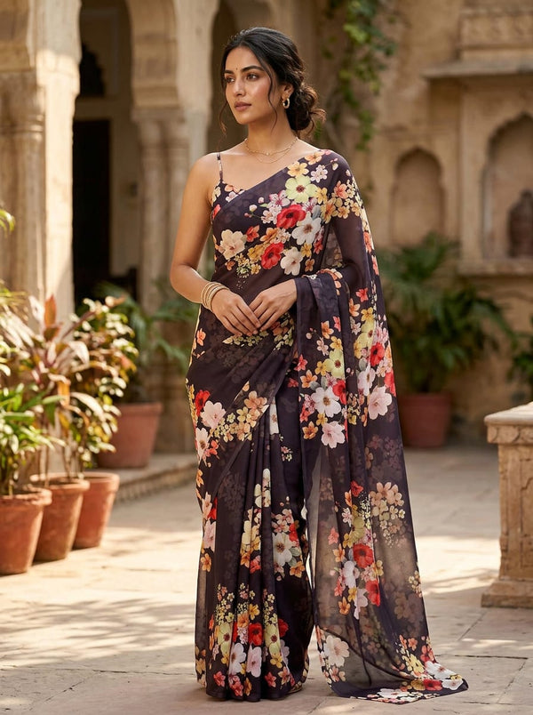 Multicolor Vibrant Floral Cascade Weightless Digital Printed Fabric - Saree Lookbook - WE-0-TA7198-110 - alternate view