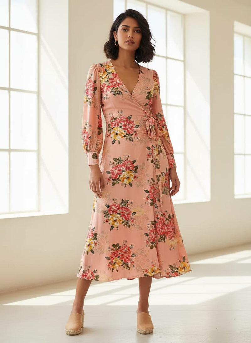 Colorful Floral Peach-Base Digital Printed Fabric