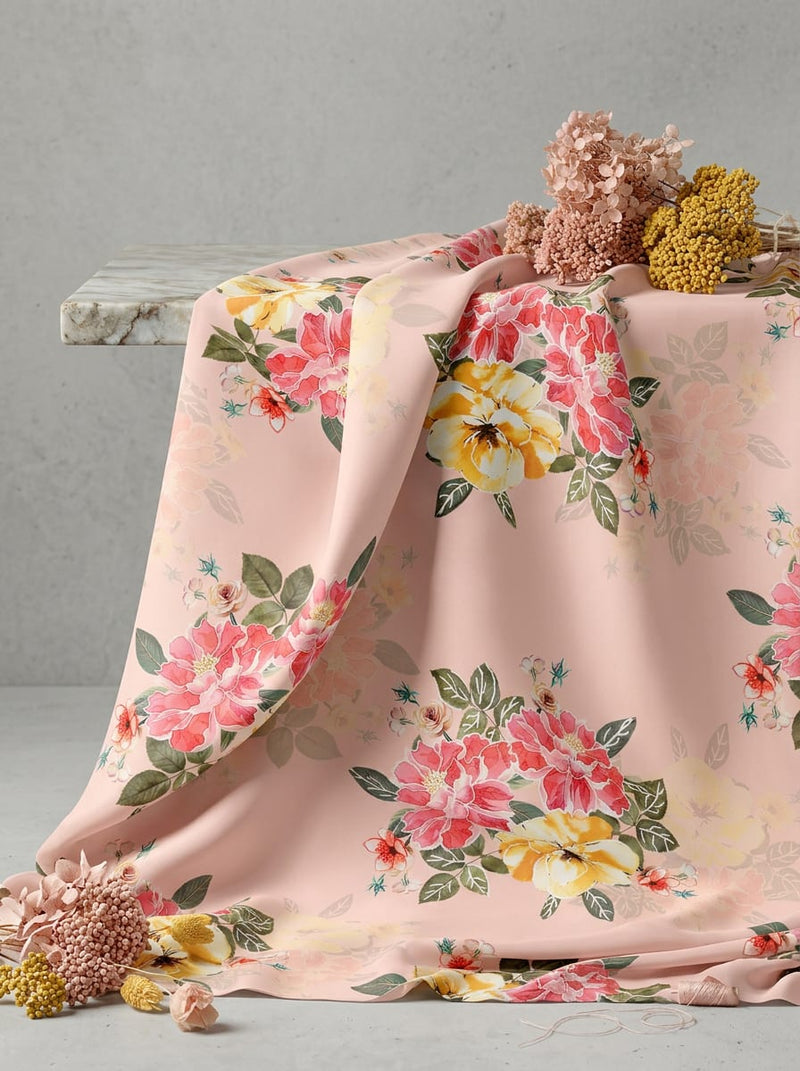 Peach Watercolor Rose Bouquet Rayon Digital Printed Fabric
