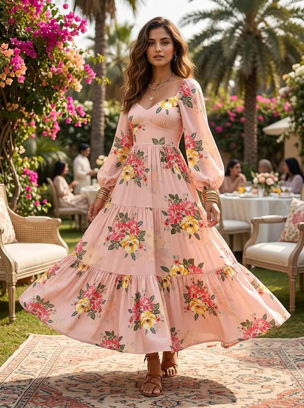 Peach Watercolor Rose Bouquet Rayon Digital Printed Fabric - Flowy Maxi Dress Lookbook - RA-0-TA07199P3-110 - alternate view