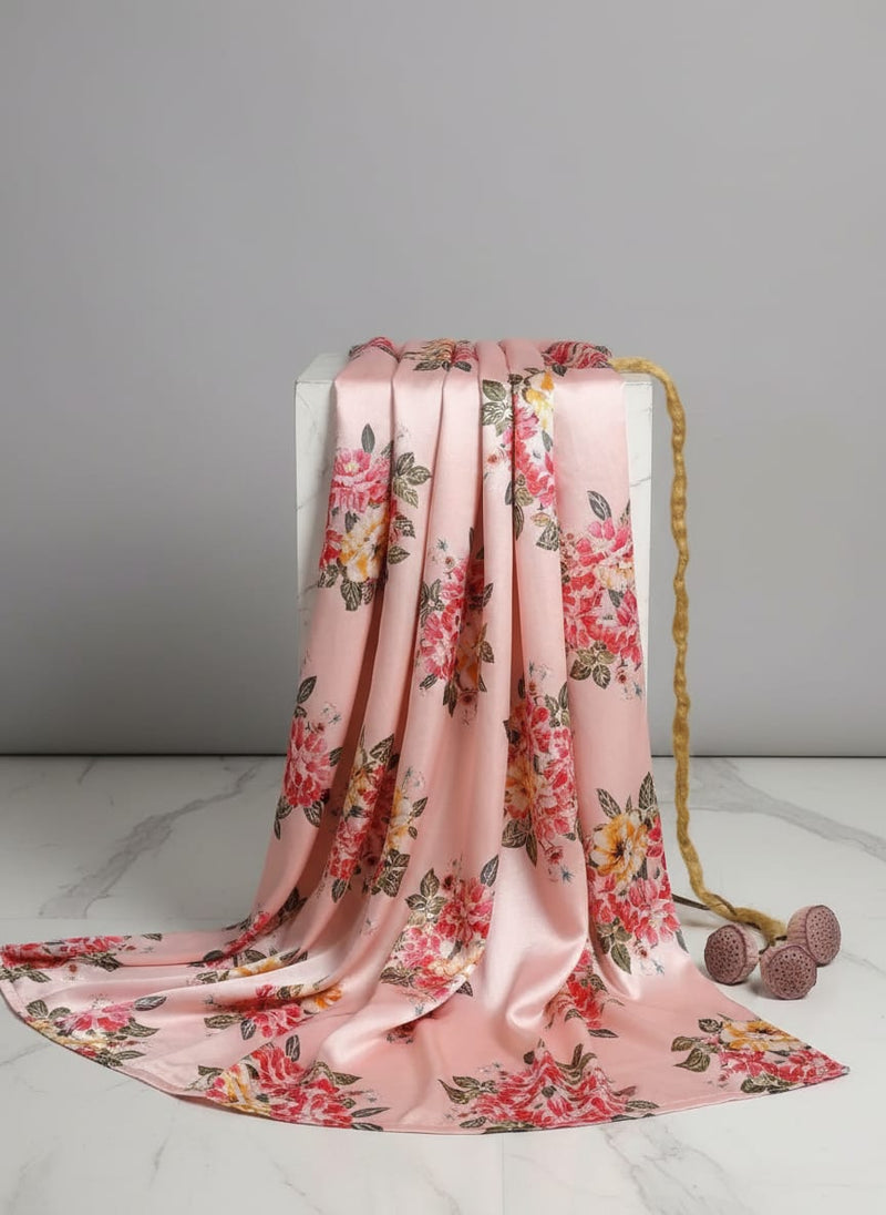 Pink Watercolor Floral Bouquet Jam Satin Digital Printed Fabric