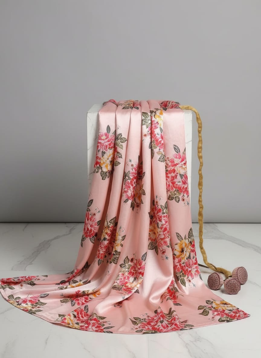 Pink Watercolor Floral Bouquet Jam Satin Digital Printed Fabric