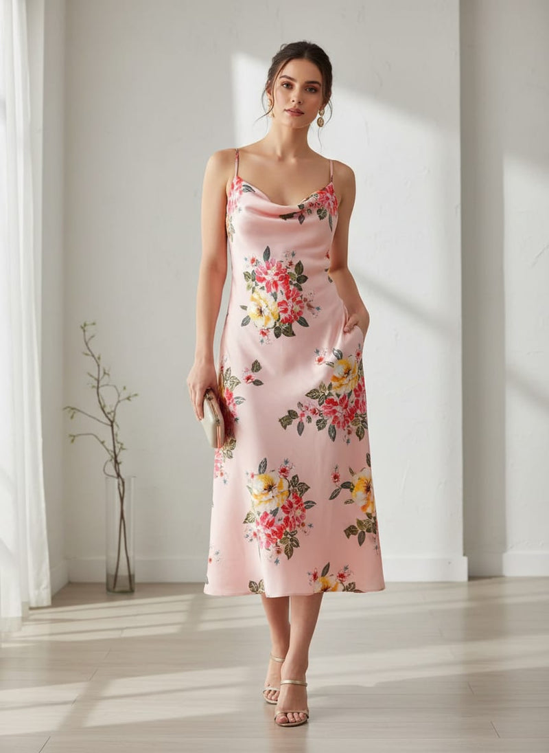 Pink Watercolor Floral Bouquet Jam Satin Digital Printed Fabric