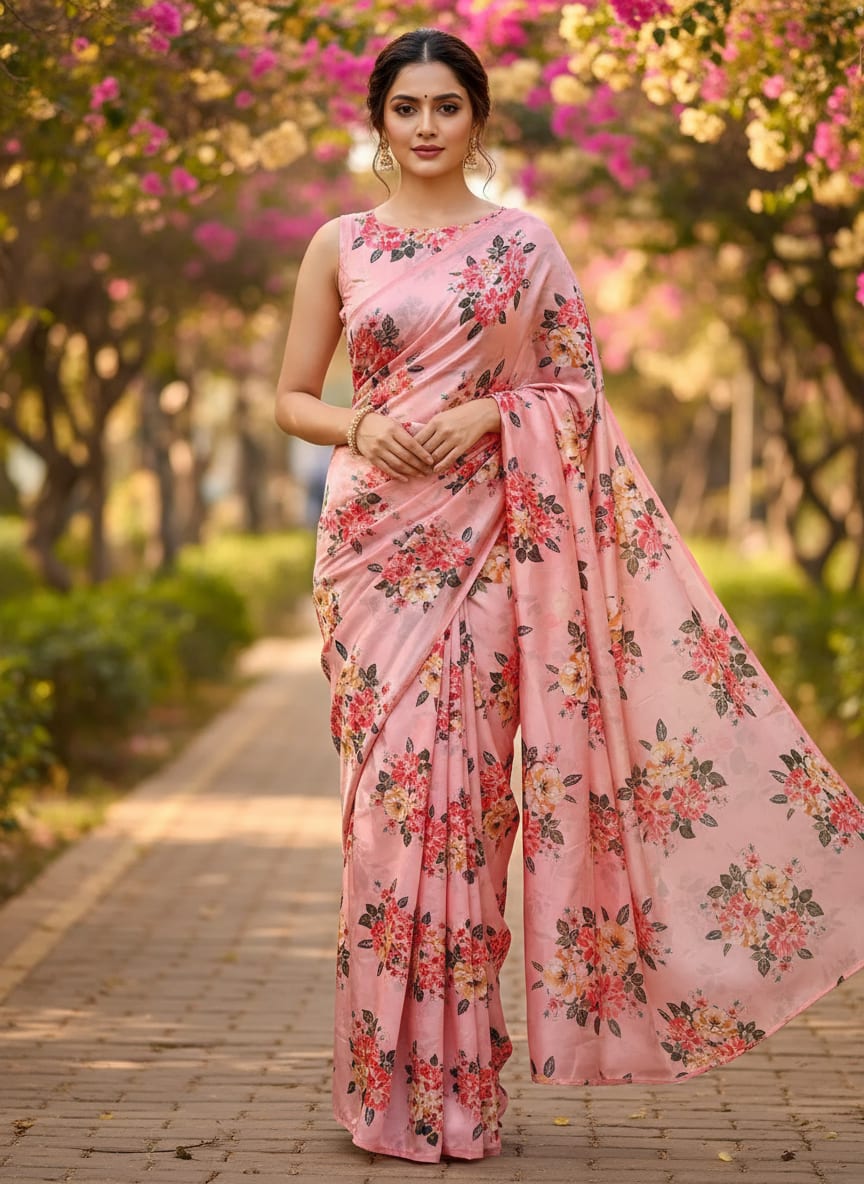 Colorful Floral Peach-Base Digital Printed Fabric