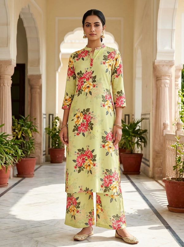 Yellow Lush Rose Bouquet Floral Rayon Digital Printed Fabric - Straight Kurta with Palazzo Lookbook - RA-0-0TA07199P1-110 - alternate view